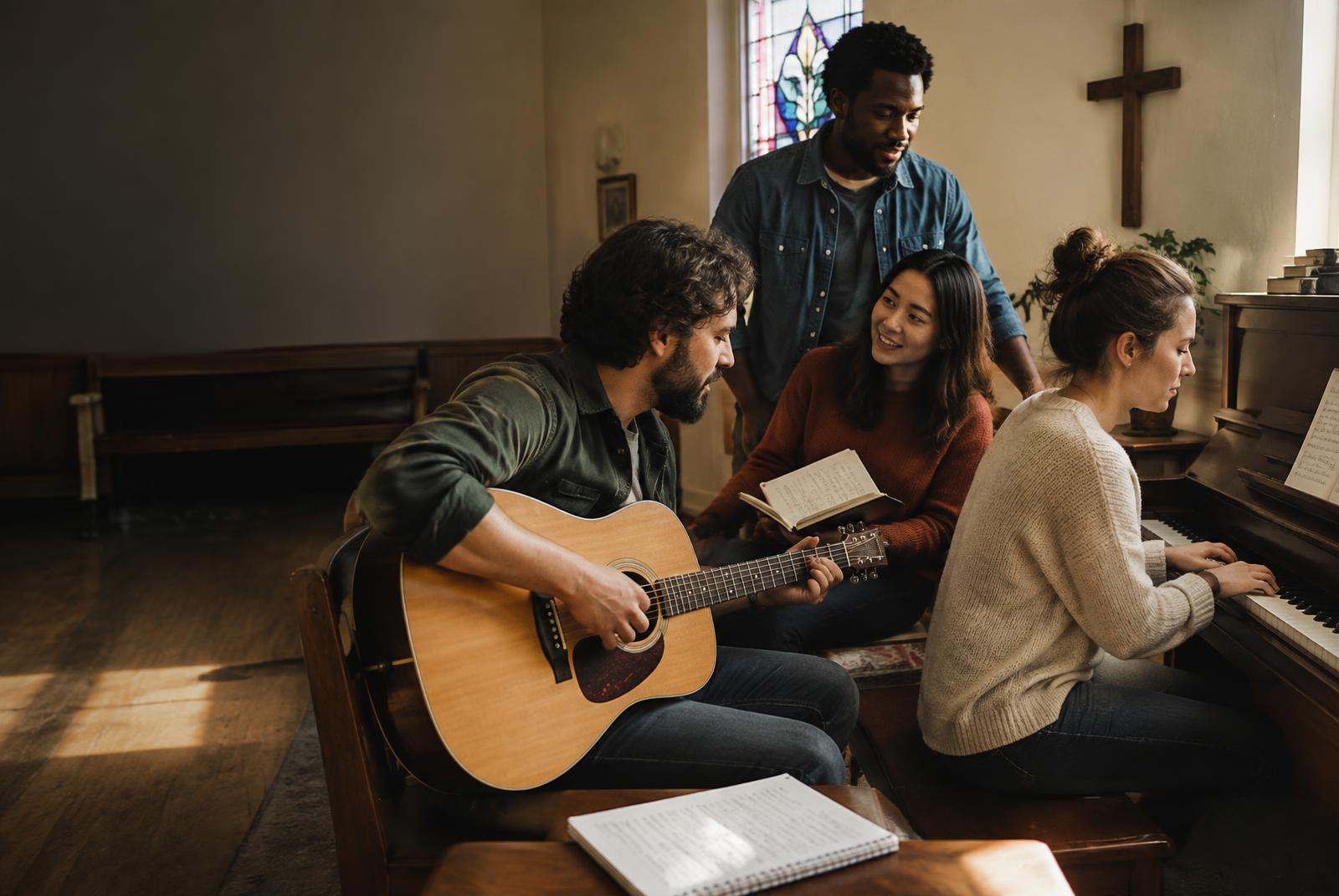 Songwriters creating music together with guitar and piano in a small church room
