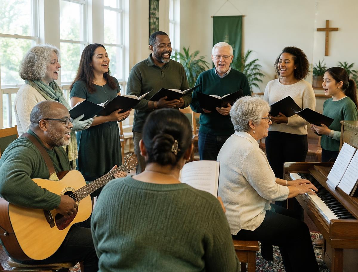 Church musicians and choir rehearsing together in natural light